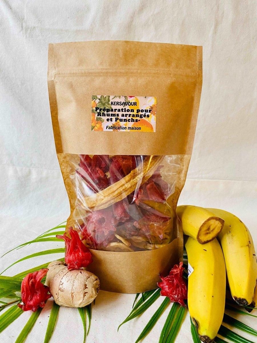 kit rhum arrangé : Banane, fleurs d'hibiscus, gingembre, sucre vanillé bourbon