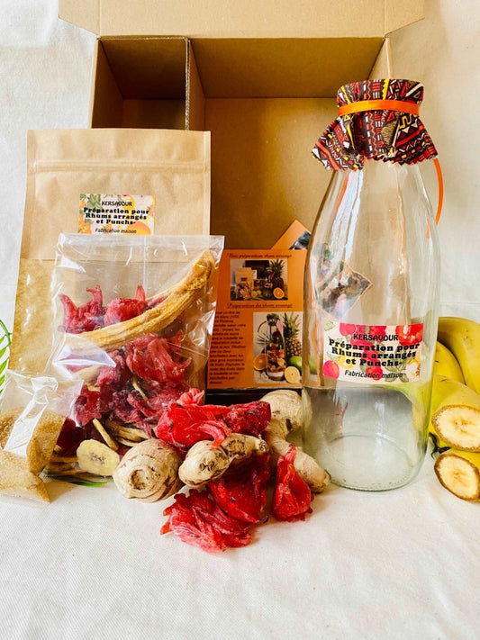 kit rhum arrangé : Banane, fleurs d'hibiscus, gingembre, sucre vanillé bourbon