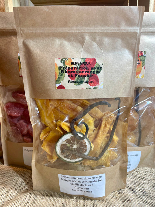 Rhum arrangé mangue citron vert vanille baïe de Timut – Sachet de préparation artisanale