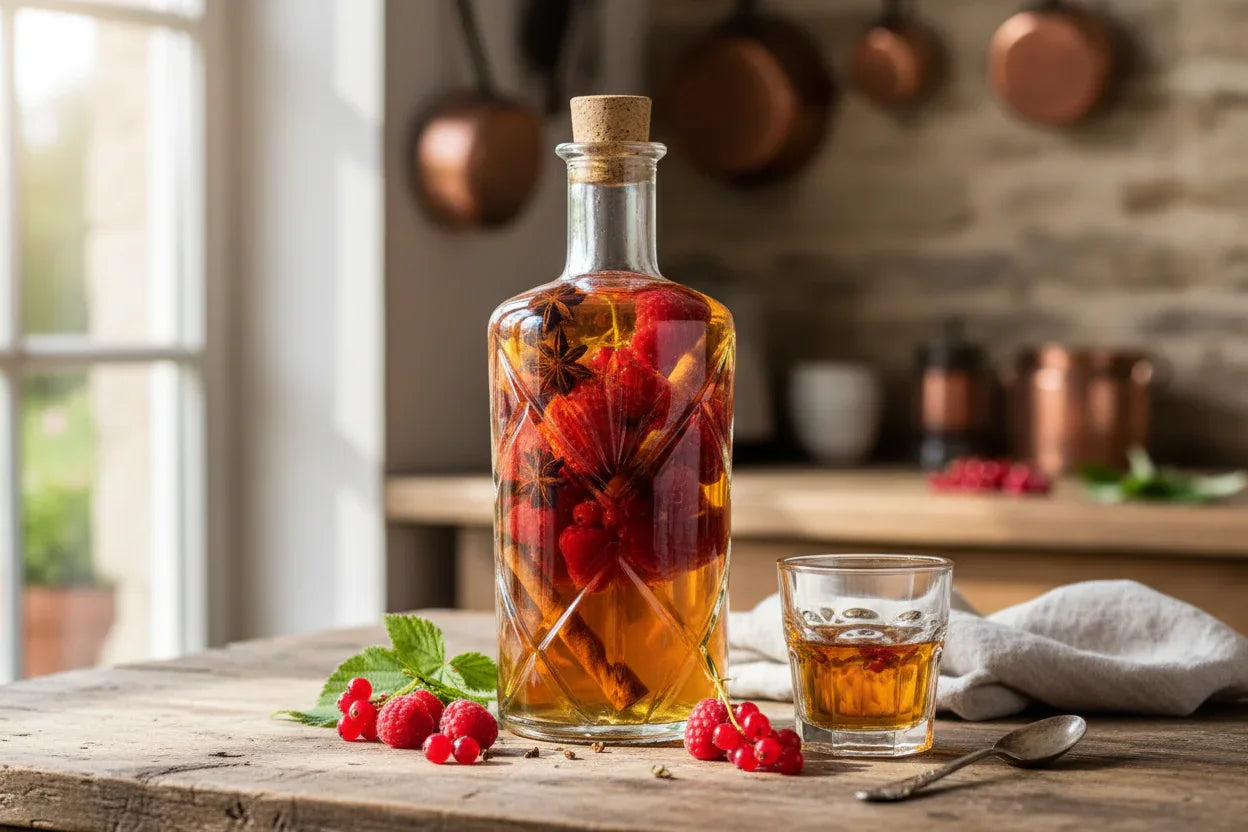 Recette rhum arrangé maison aux fruits rouges et épices dans une carafe en verre sur table rustique