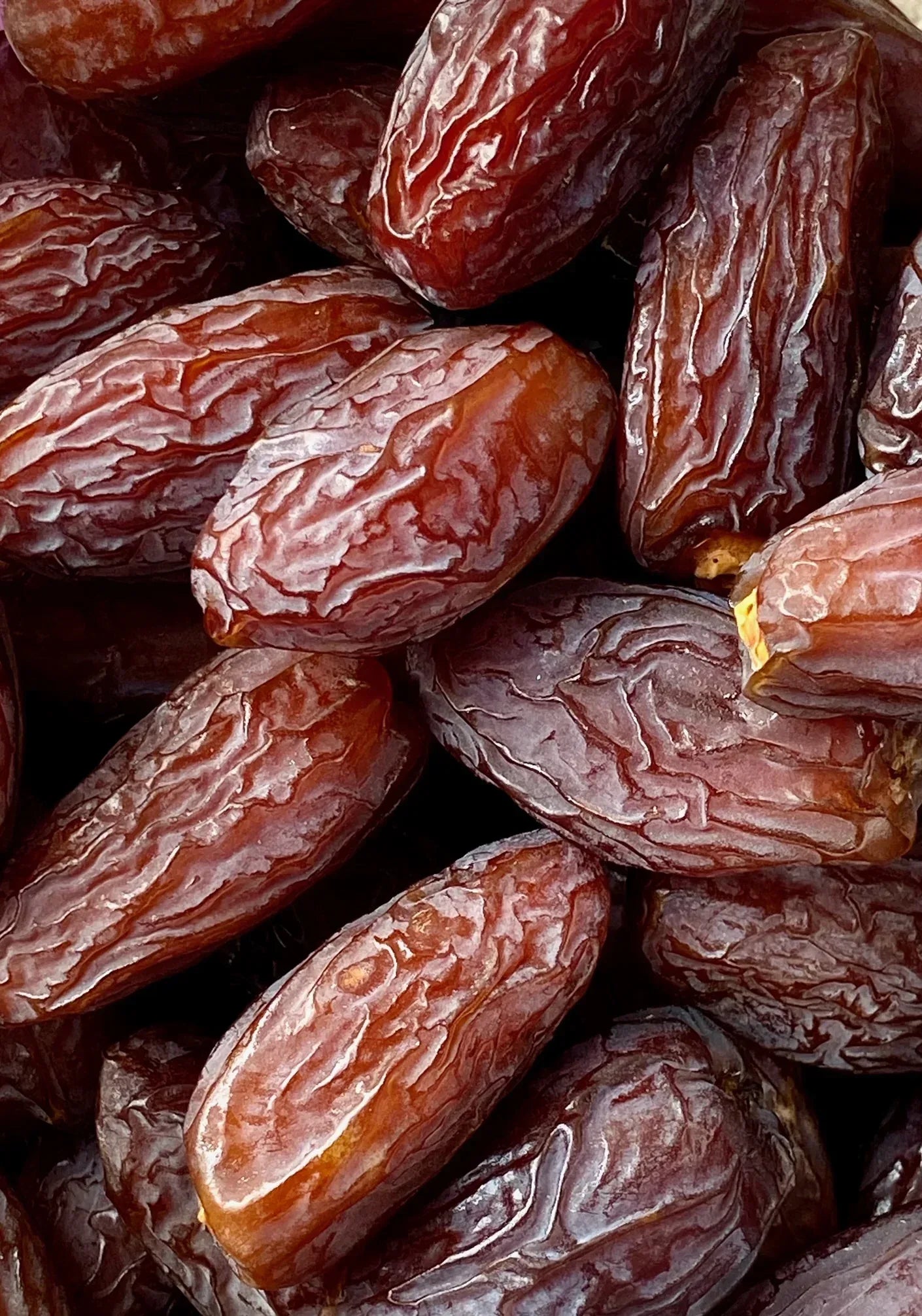 Gros plan dattes Medjool séchées – texture tendre, peau lisse brun foncé