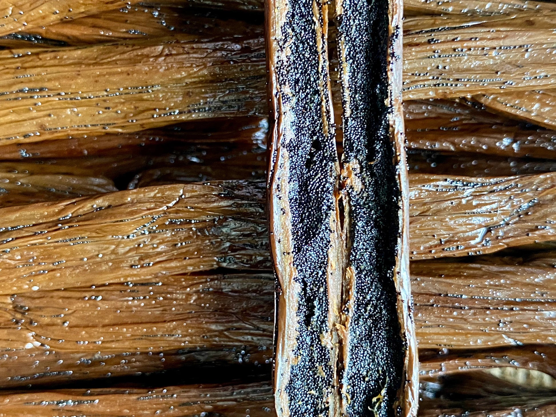 Gros plan sur les grains aromatiques des gousses de vanille XL de Madagascar