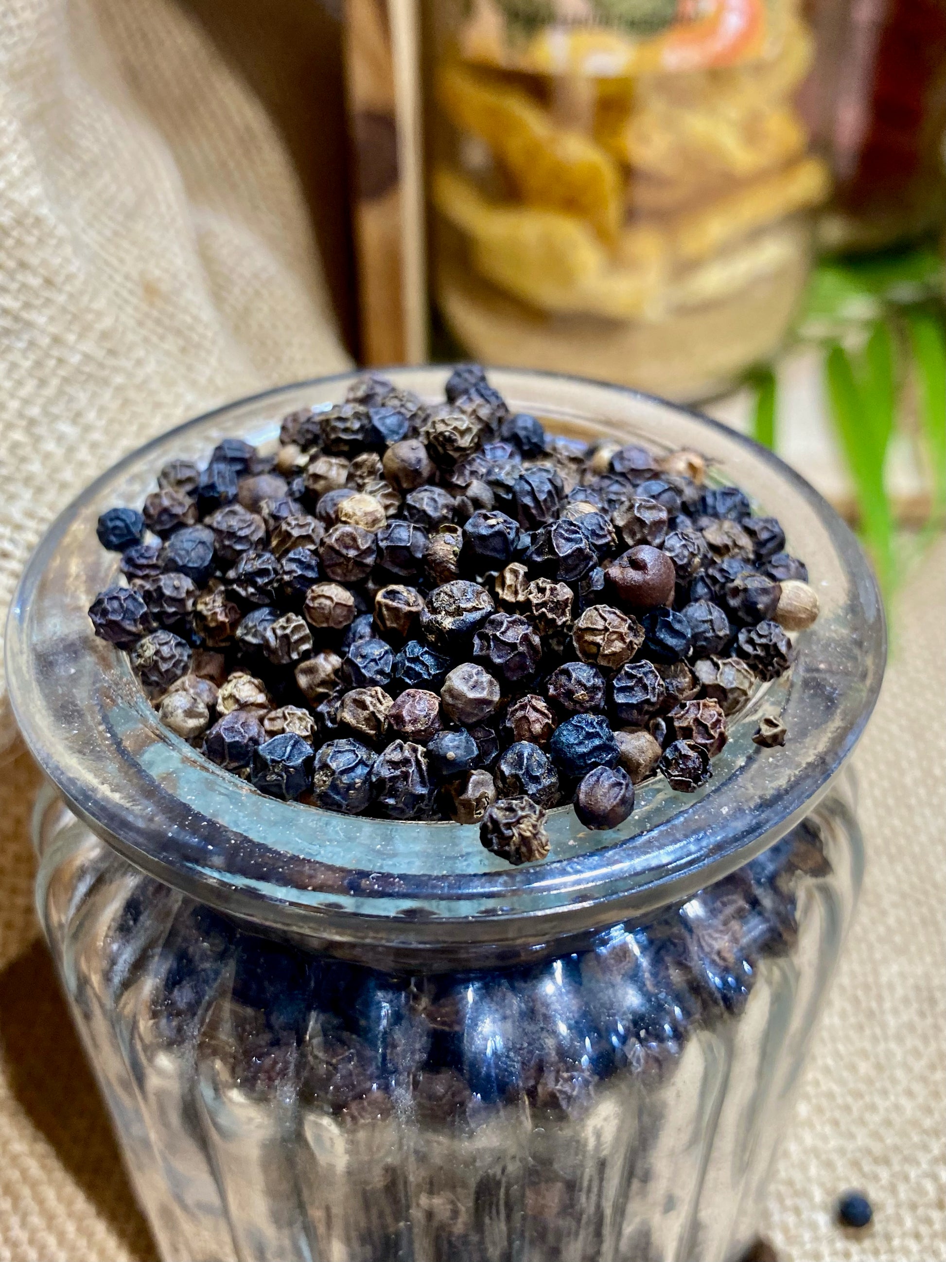 Détail des grains de poivre noir Malabar en grains, épice rare et fraîche