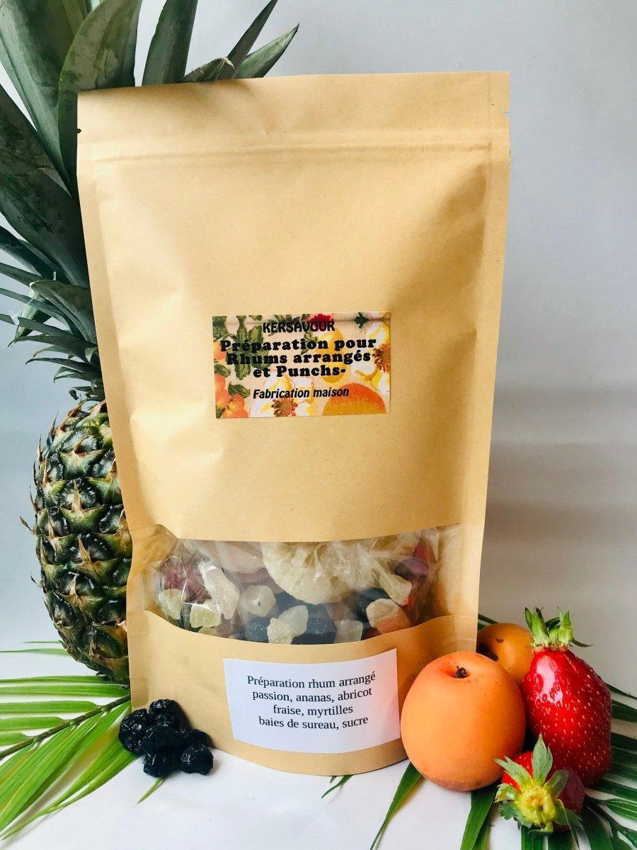 
Préparation rhum arrangé aux baies de sureau avec fruit de la passion, ananas, abricot et fraise pour 1 litre