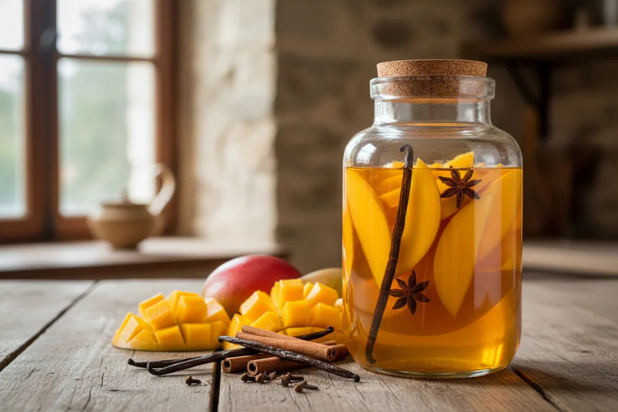 Recette rhum arrangé maison à la mangue, vanille et épices dans un bocal en verre sur table rustique