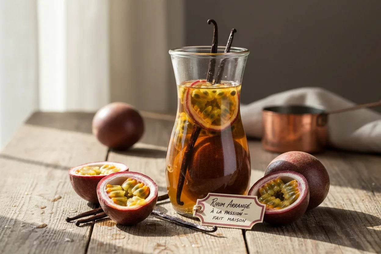 Recette de rhum arrangé maison à la passion et vanille, avec fruits de la passion frais sur table en bois