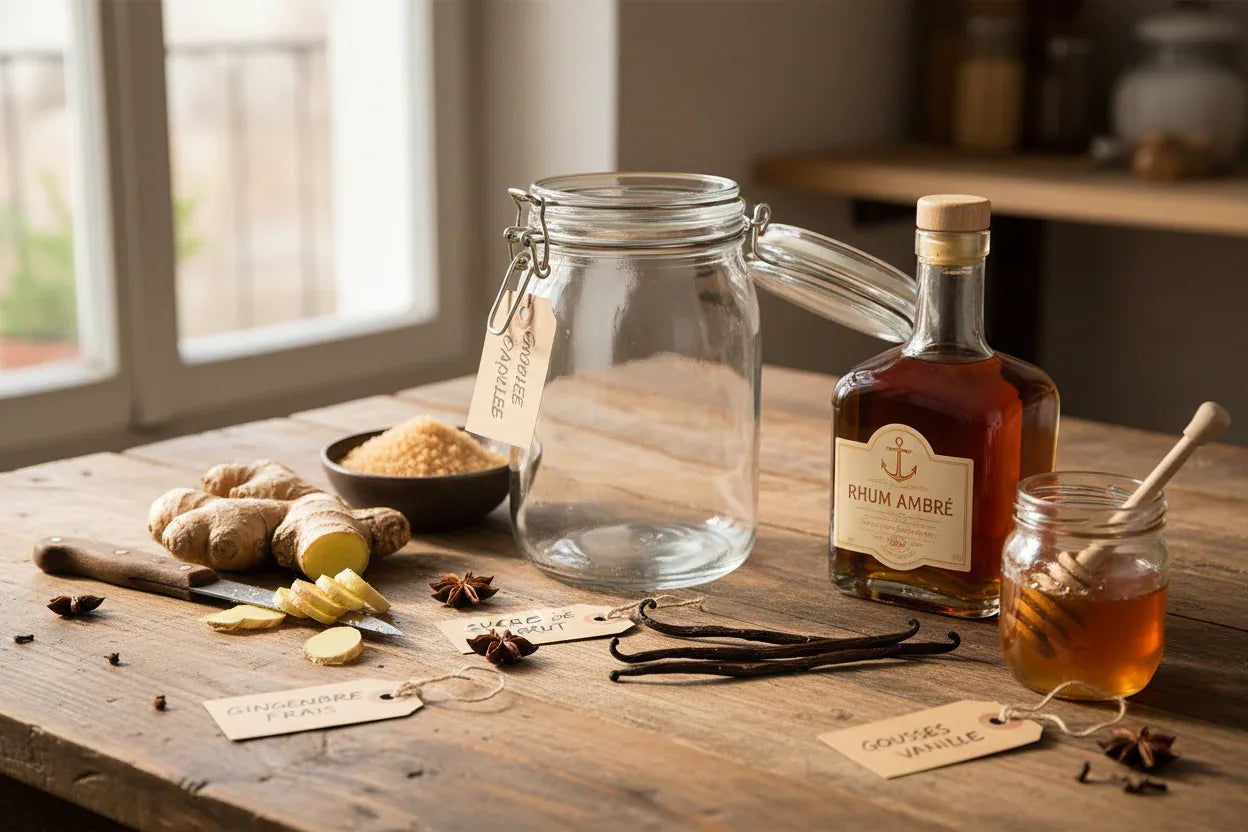 Ingrédients pour recette de rhum arrangé maison : bocal vide, rhum ambré, gingembre, vanille et miel
