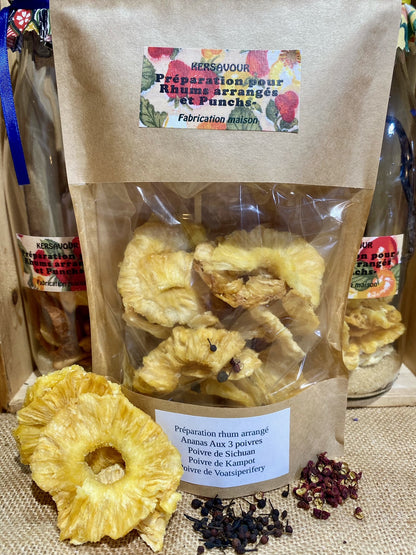 Paquet de préparation rhum arrangé aux 3 poivres Décors & Âmes – sachet d’ingrédients avec ananas séché, poivre de Sichuan, poivre de Kampot et poivre sauvage Voatsiperifery pour macération maison