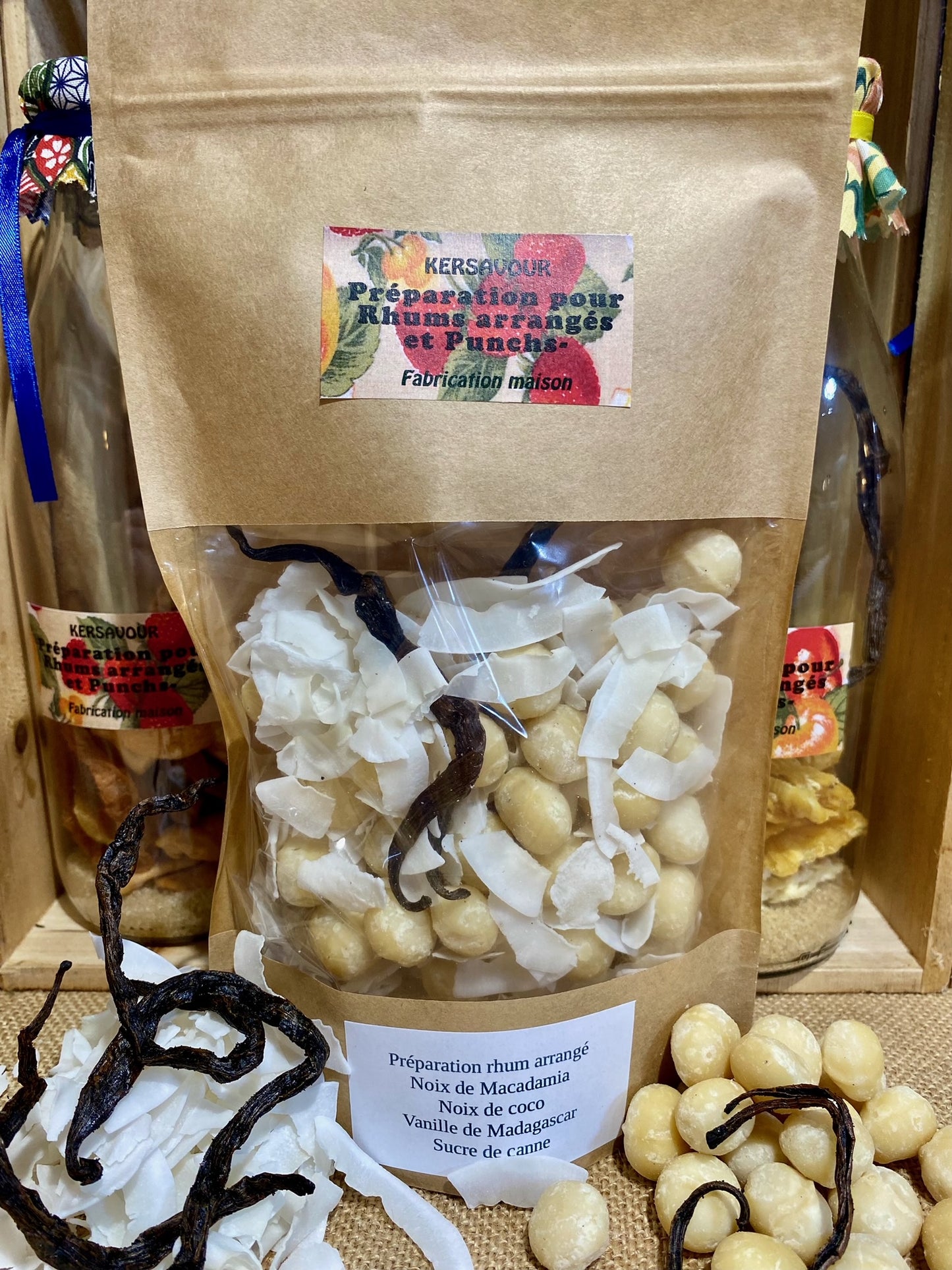 Paquet de préparation pour rhum arrangé noix de macadamia et coco Décors & Âmes – mélange fruité et exotique prêt à macérer dans du rhum blanc agricole pour boisson maison aromatique