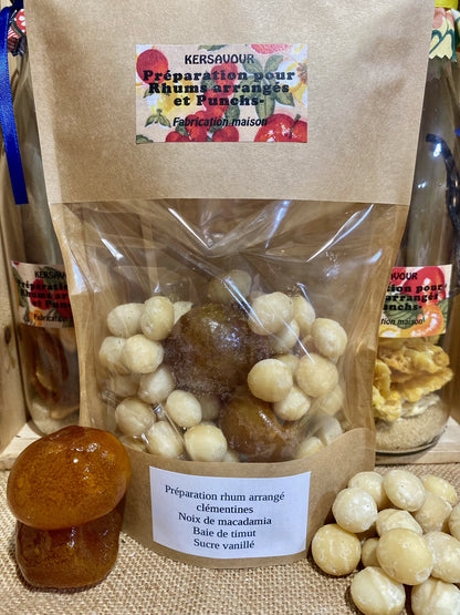 Paquet de préparation pour rhum arrangé Macadamia Timut Décors & Âmes – sachet complet d’ingrédients fruités et épicés prêt à macérer dans du rhum blanc agricole pour boisson maison aromatique