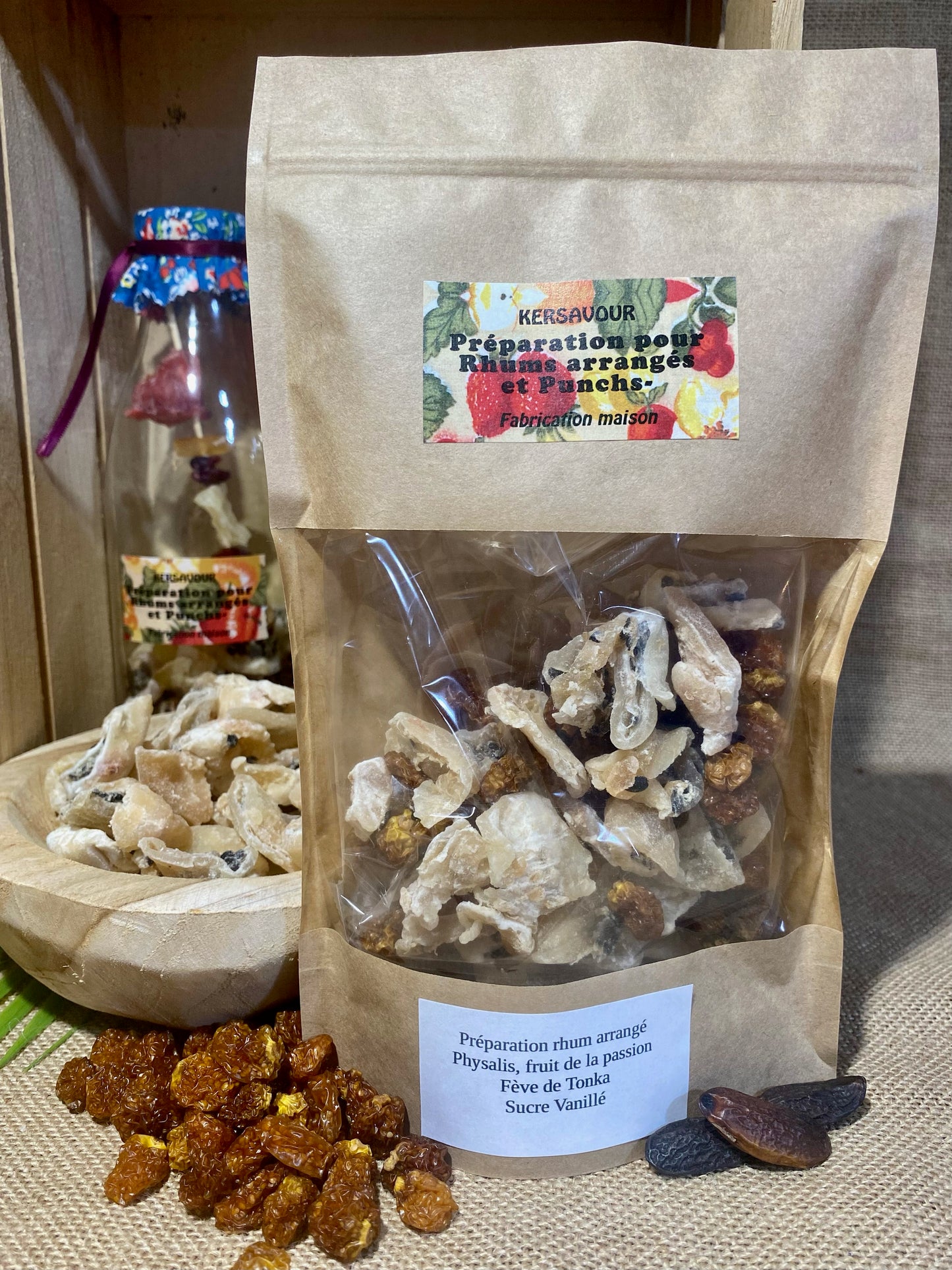 Paquet de préparation pour rhum arrangé Physalis Tonka Décors & Âmes – sachet prêt à l’emploi contenant physalis séchés, fève de Tonka, sucre vanillé bourbon pour une infusion aromatique dans du rhum blanc agricole maison