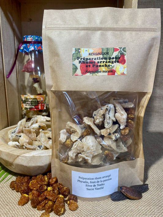 Paquet de préparation pour rhum arrangé Physalis Tonka Décors & Âmes – sachet prêt à l’emploi contenant physalis séchés, fève de Tonka, sucre vanillé bourbon pour une infusion aromatique dans du rhum blanc agricole maison